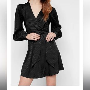 Satin Tie Waist Long Sleeve Black Mini Dress XL